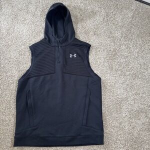 Mens Under Armour Size L Black 1/4 Zip Up Hooded Sleevless Cage Vest